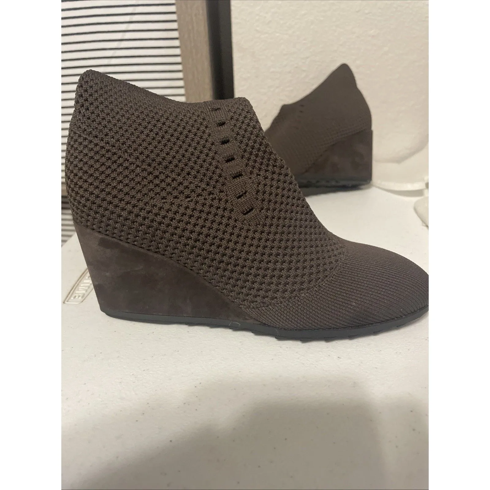 Eileen Fisher Kasana Chocolate Brown Knit Wedge Boots Mesh Stretch VNC 6.5 - Image 6