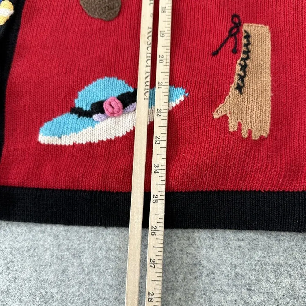 Vintage Berek Hand Knit Cardigan Sweater Womens Large Red Cat Hats Argyle - Image 3