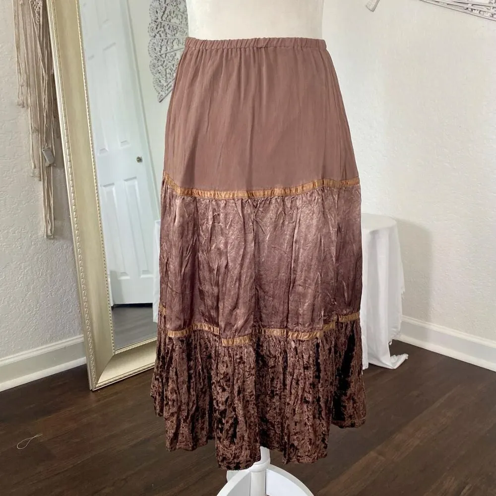 Ethereal Fairy Grunge Brown Tan Velvet Satin Flowy Midi Maxi Rayon Skirt S - Image 5