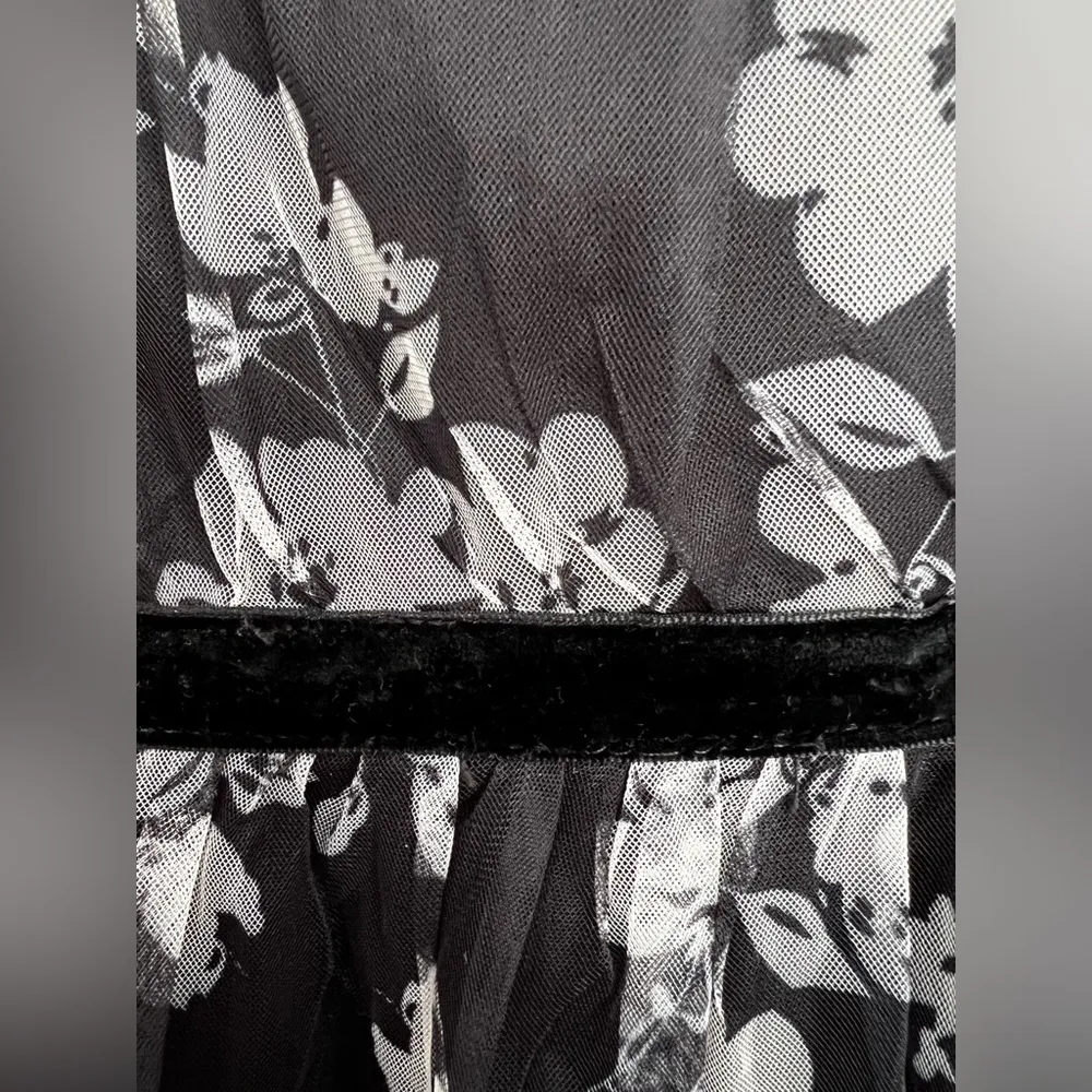 black floral print bustier tulle maxi dress velvet waist flowy L - Image 3