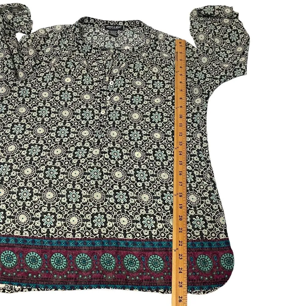 About A Girl Los Angeles Womens Large Sheer Floral MOP Button Multi Blue Blouse - Image 6