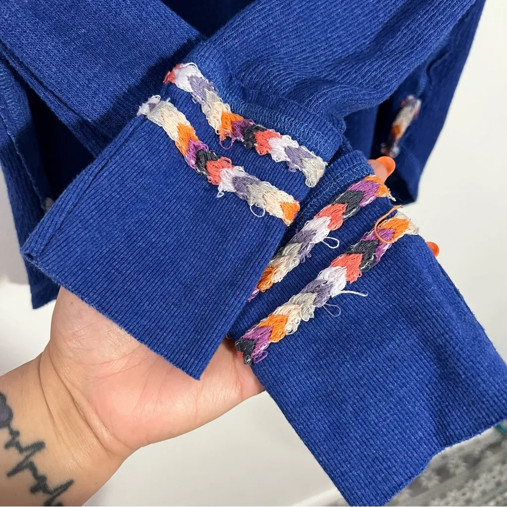 Free People We the Free Royal Blue Rainbow Embroidered Thermal Top Size Medium‎ - Image 3