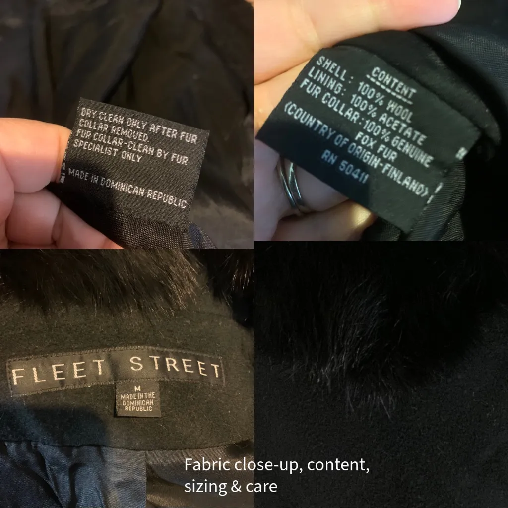 FLEET STREET BLACK WOOL W/FOX FUR COLLAR COAT (M) - Image 10