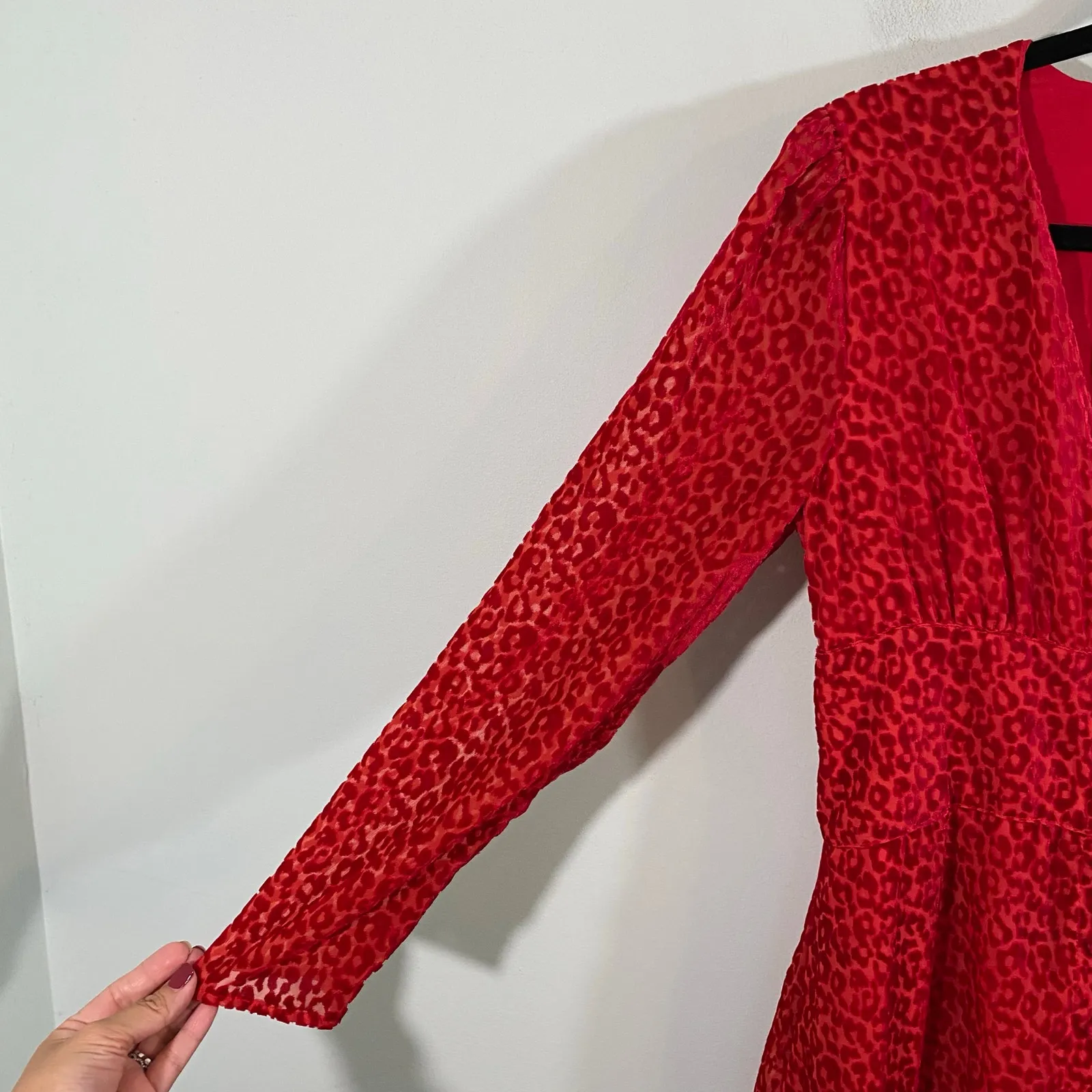The Kooples Red Velvet Animal Print V-neck Button Up Long Sleeve Dress Size 2 - Image 7