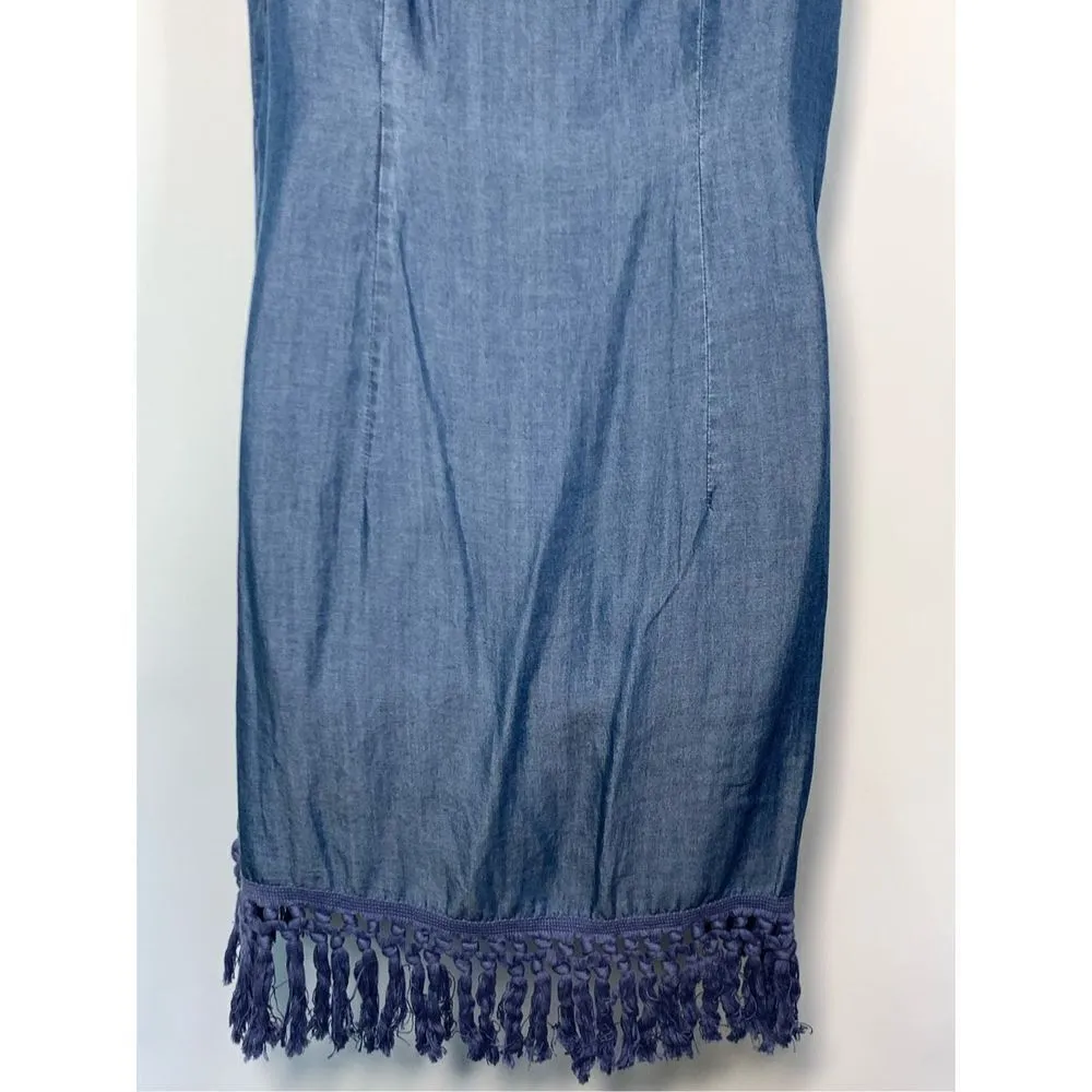 Beige By ECI Sleeveless Embroidered With Fringe Chambray Denim Dress Blue Small - Image 4