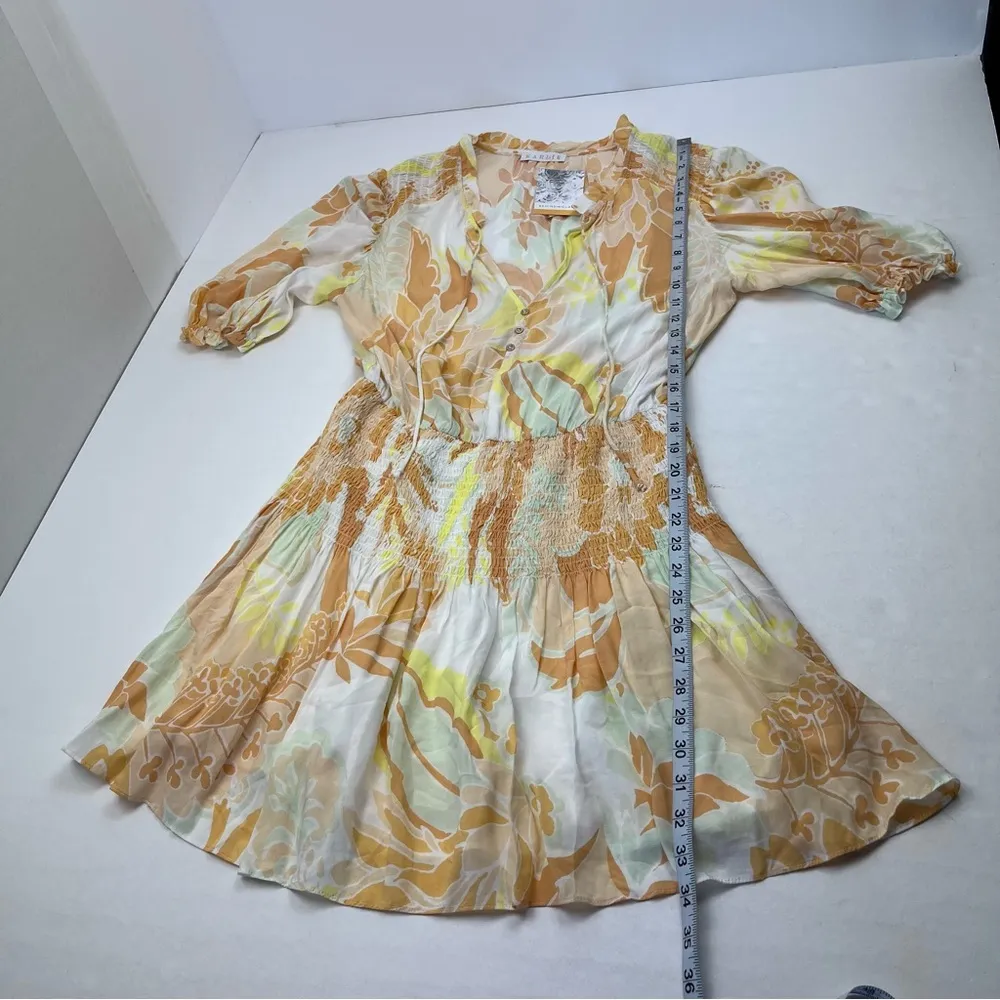 Karlie Women Medium Floral 70's Smocked Waist Mini Dress Orange Yellow Ivory NEW - Image 10