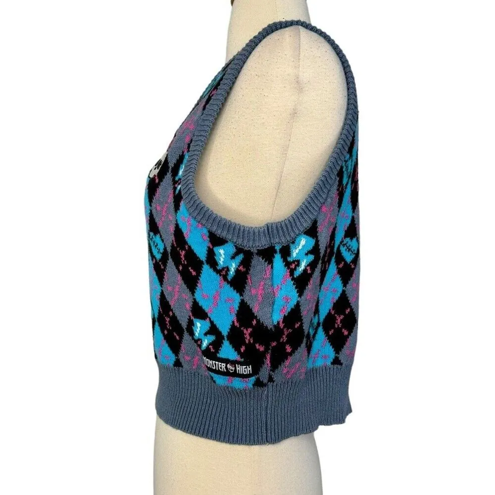 MONSTER HIGH Goth Schoolgirl Alumni Sweater Argyle Vest Embroidered Skull Sz XL - Image 6