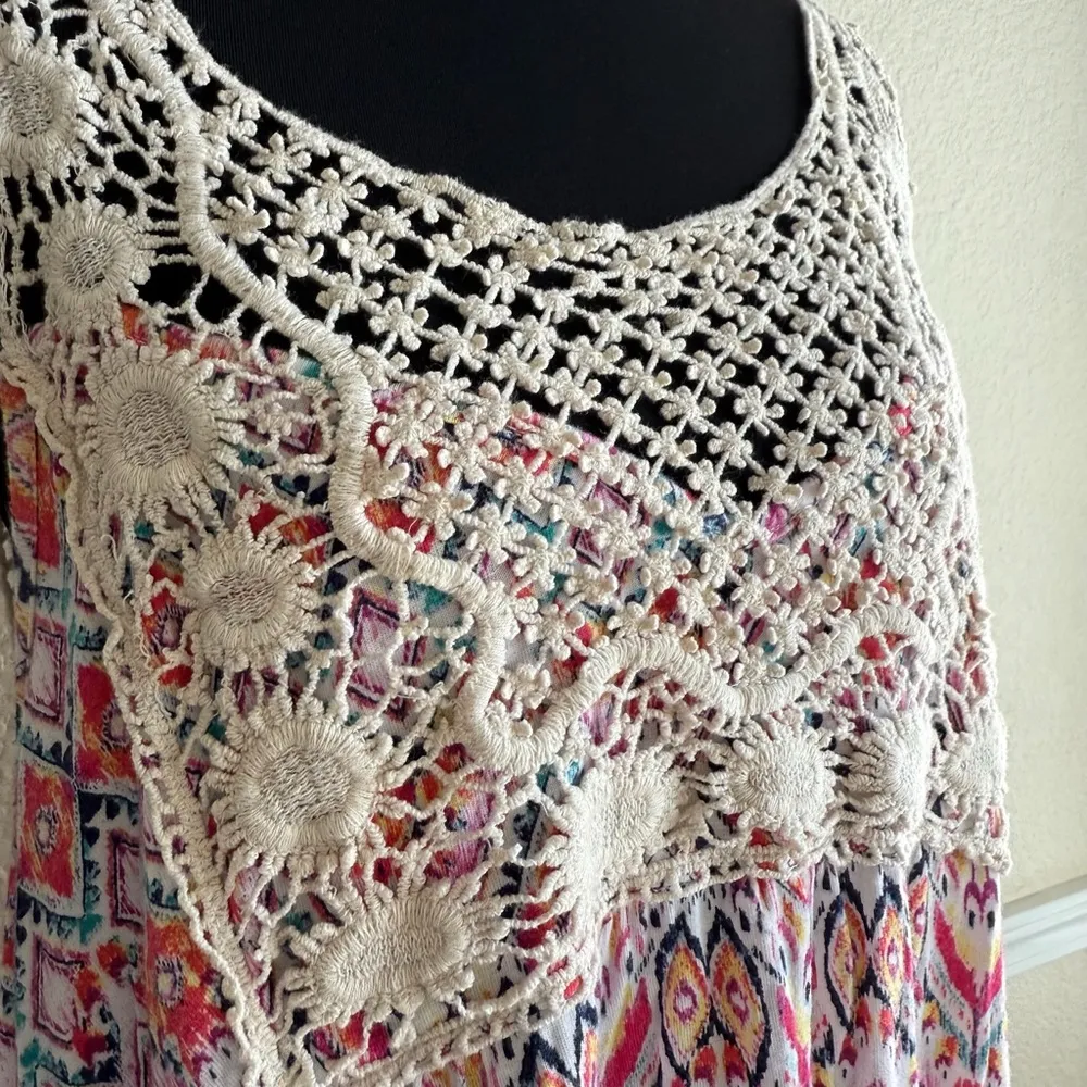 Boho Crochet Knit Trim Babydoll Top Aztec Festival Y2K Tribal Flowy Tunic Tank - Image 5