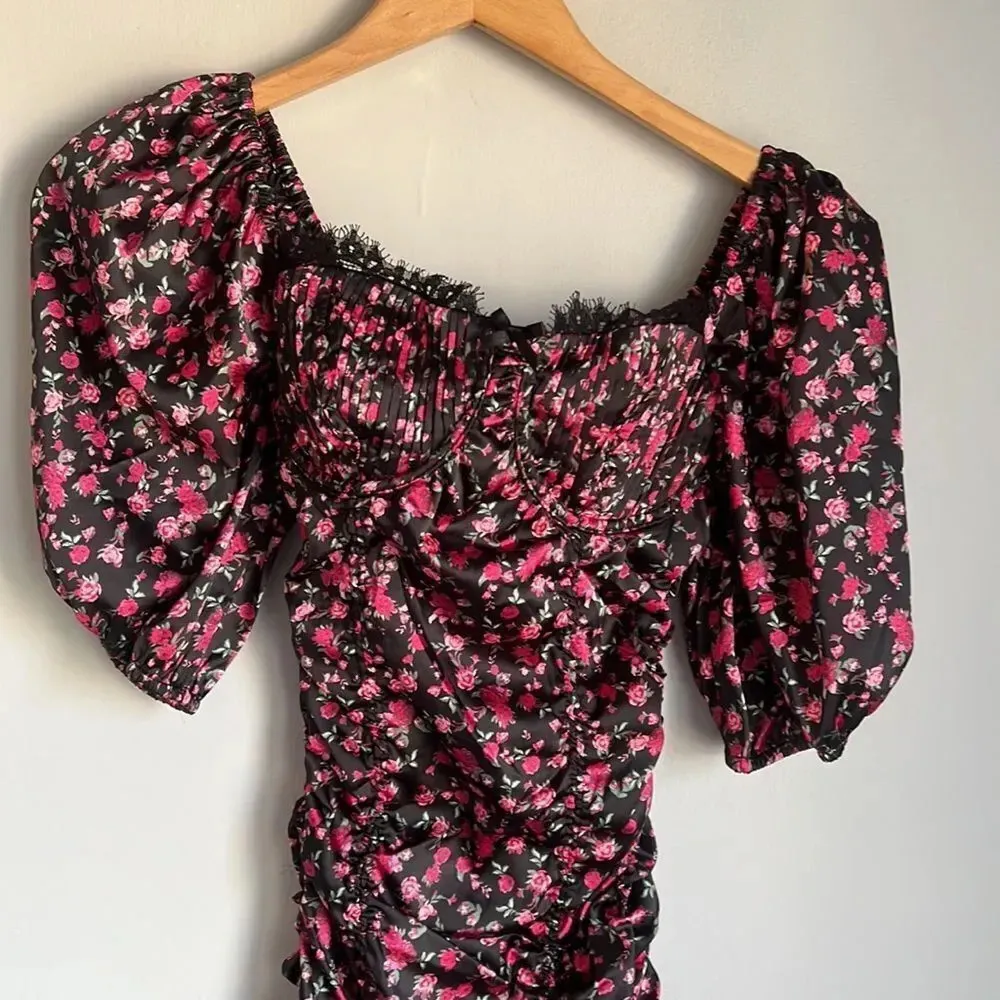 For Love & Lemons Melrose Satin Black and Pink Ruche Mini Puff sleeve dress - Image 6