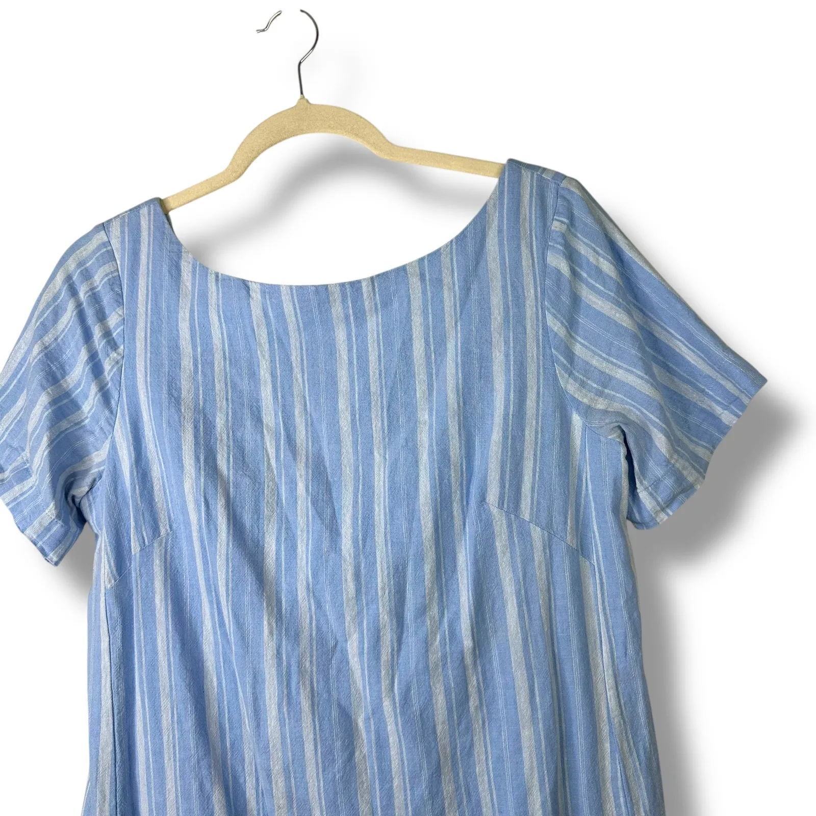 By Anthropologie Cape May Blue Stripe Boat Neck Bow-Tie Back Linen Mini Dress - Image 5