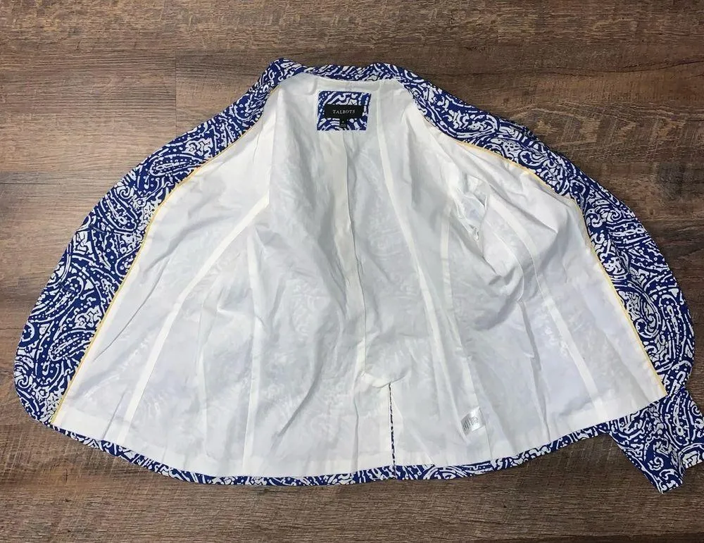 Talbots Blue White Batik Print Cotton Blazer Size 8 - Image 5