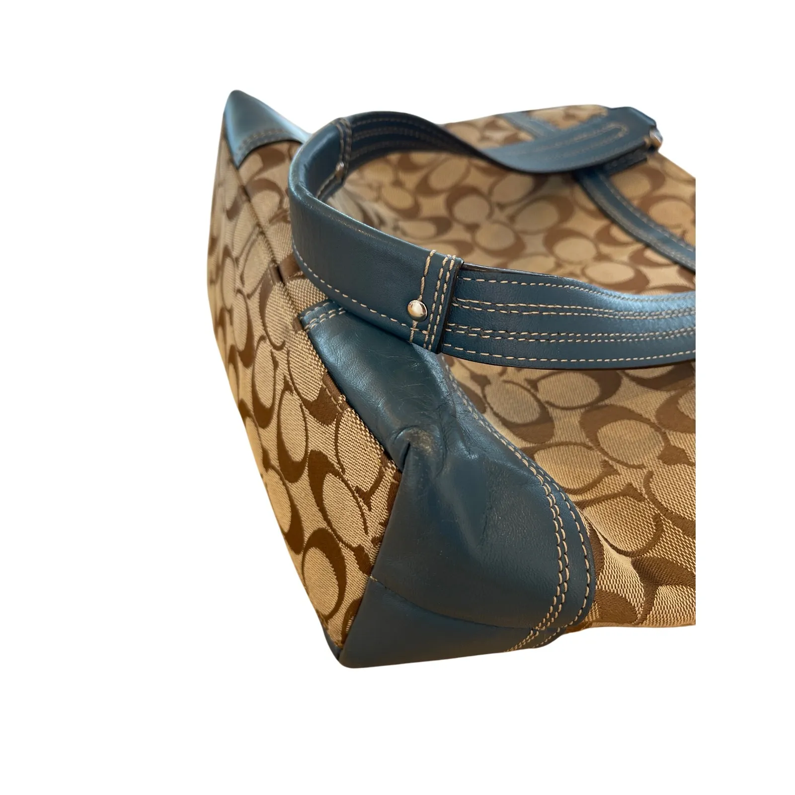 Coach‎ Signature Brown Tan Canvas Leather Trim Tote Bag Purse Handbag - Image 5