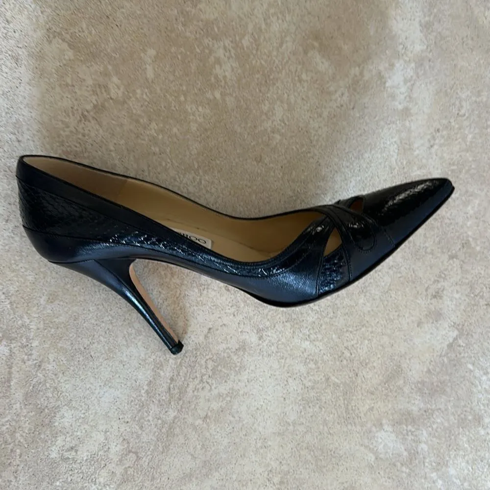 Jimmy Choo Navy Snakeskin & Leather Pointy Shoes - Image 11