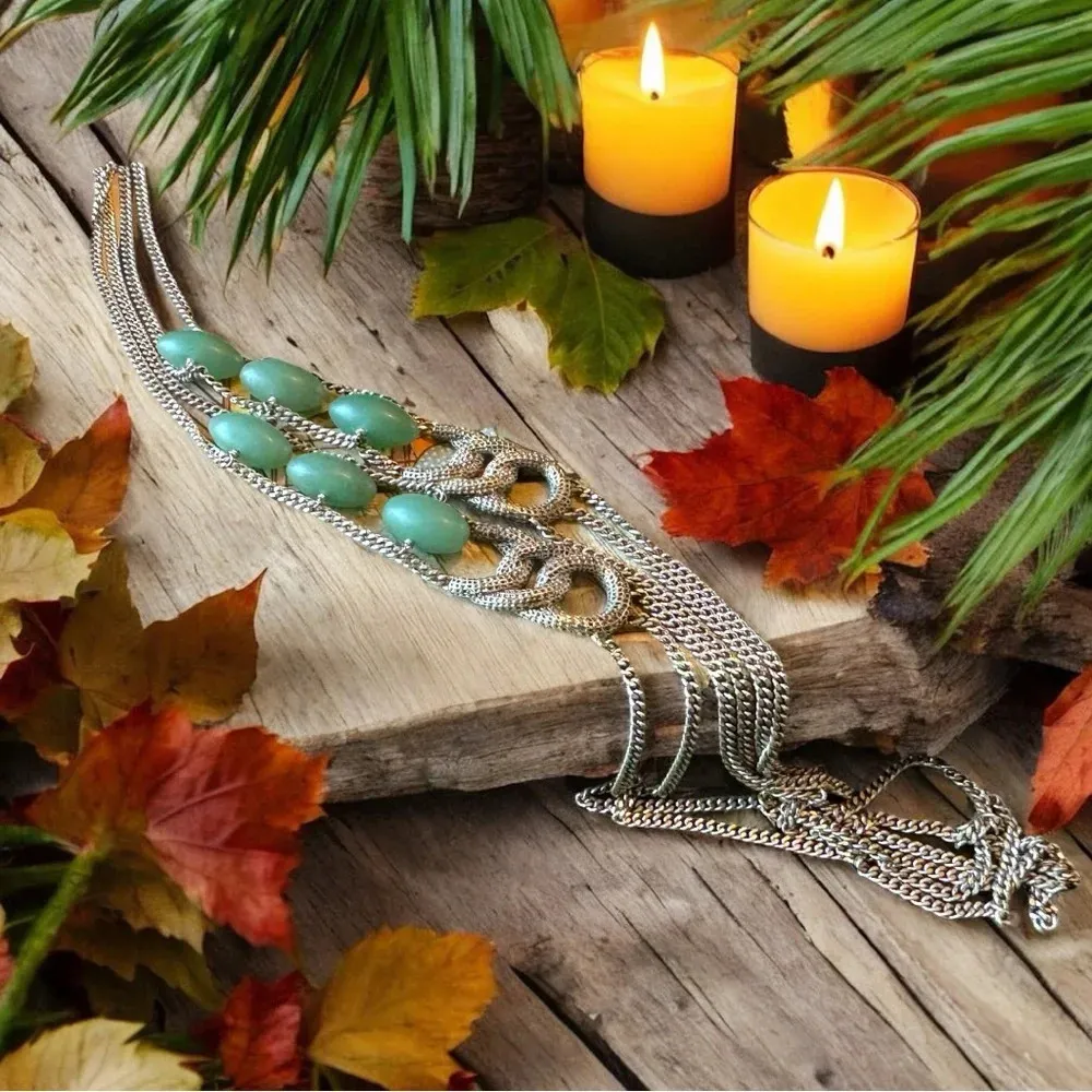 KENNETH COLE Silver Tone Layered Chain Necklace w/ Green Beads & Snake Design - Image 4