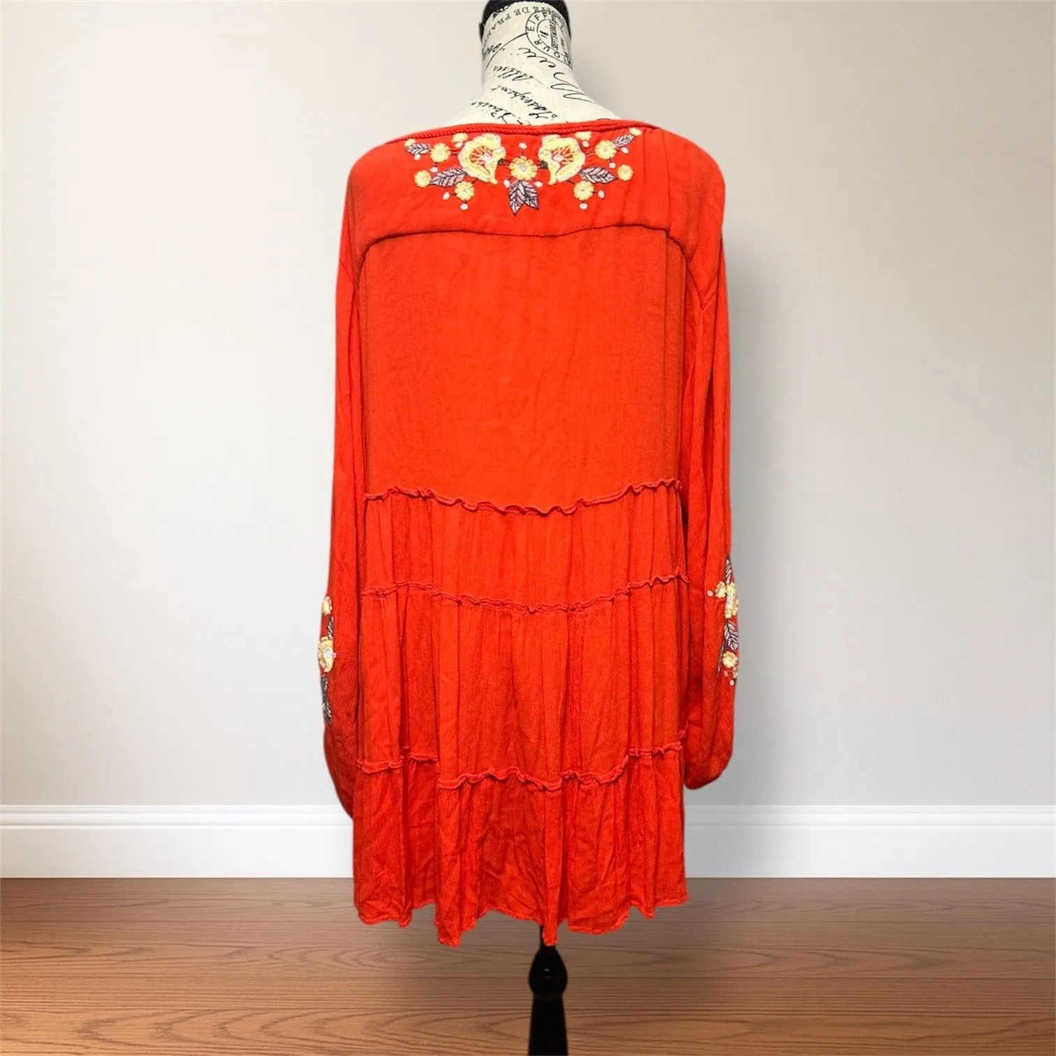 Free People M Red Embroidered Tiered Gauzy Mini Dress Floral Boho Peasant Flowy - Image 3