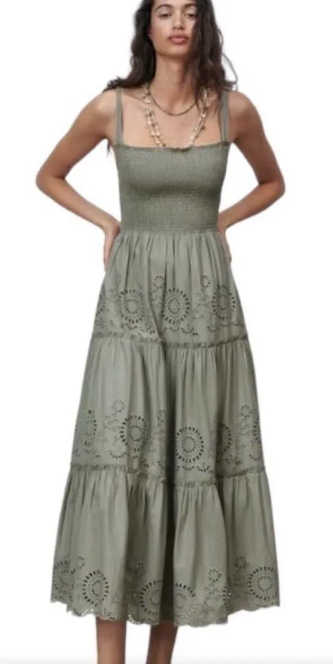 green embroidered dress zara ZARA Long Floral Embroidered Satin Shirt Dress Tunic Khaki Green 7521/058  XS