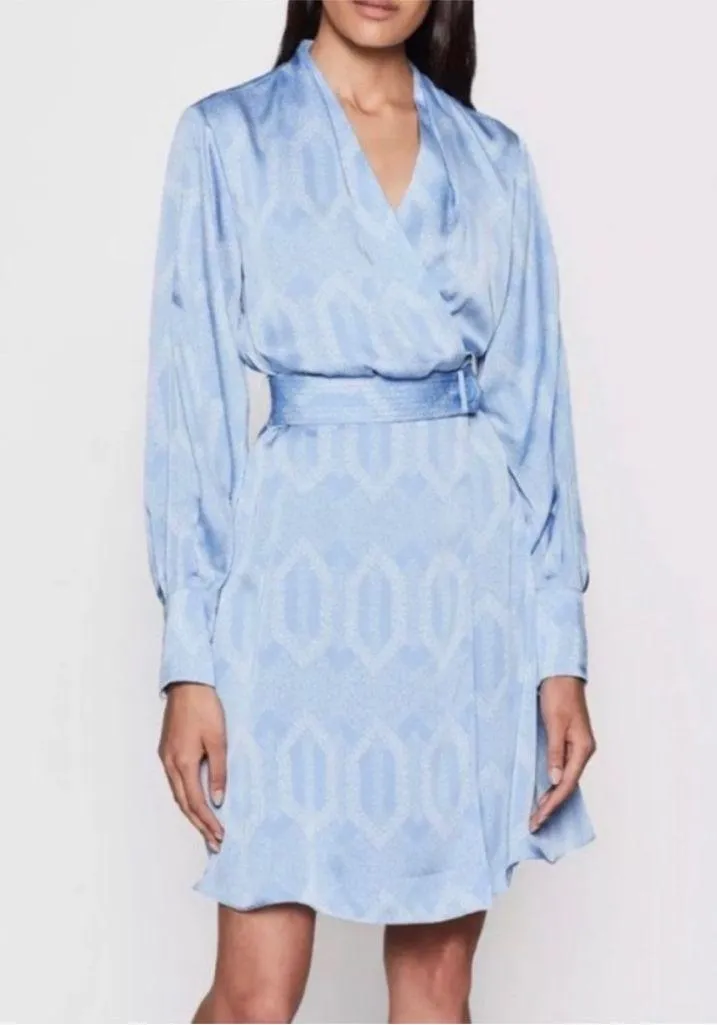 NWOT Equipment Fanetta Geo Printed Blue Long Sleeve Belted Wrap Dress 6 MSRP$425 - Image 4