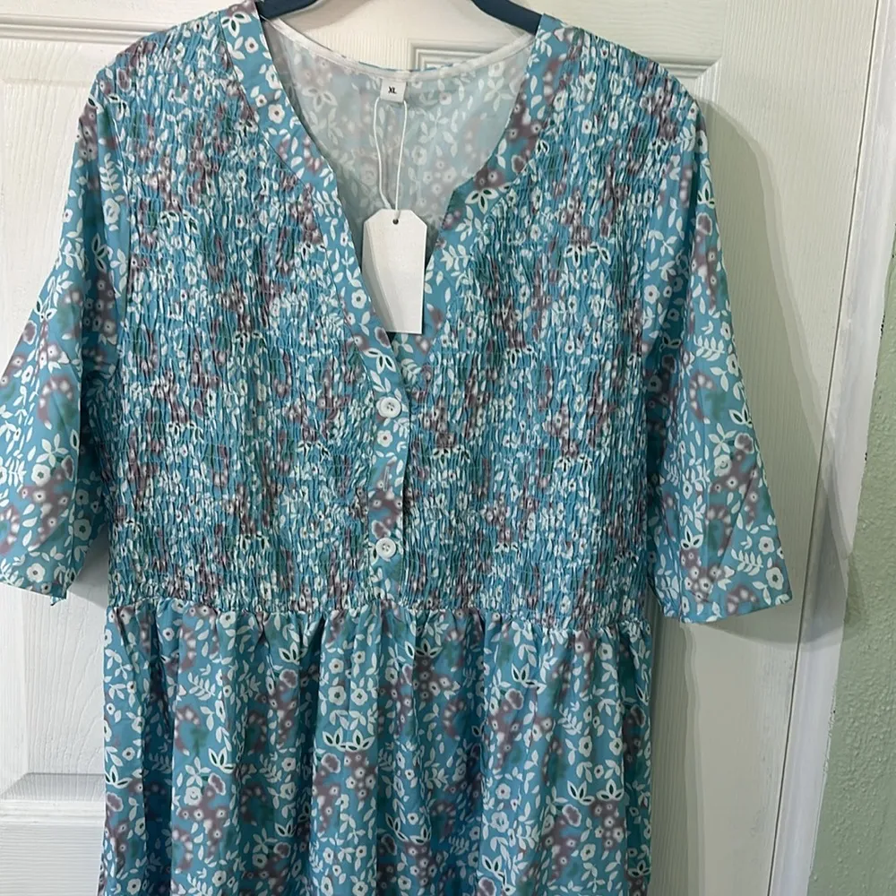 Women's Summer Dress Print Dress Pleated Dress Floral Graphic Ruched Button Size XL - Image 2