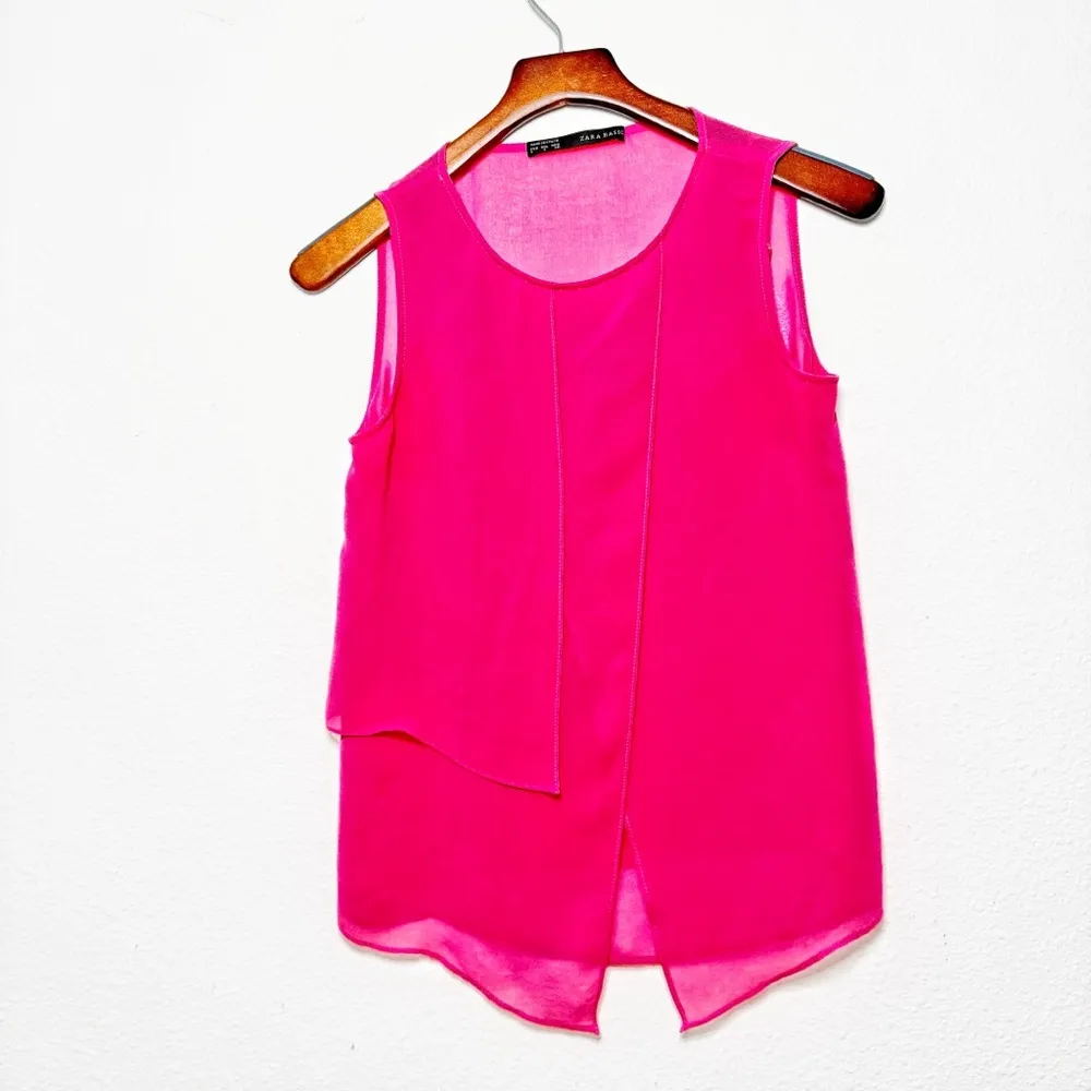 Zara Basic asymmetrical sleeveless chiffon hot pink blouse top size small - Image 2