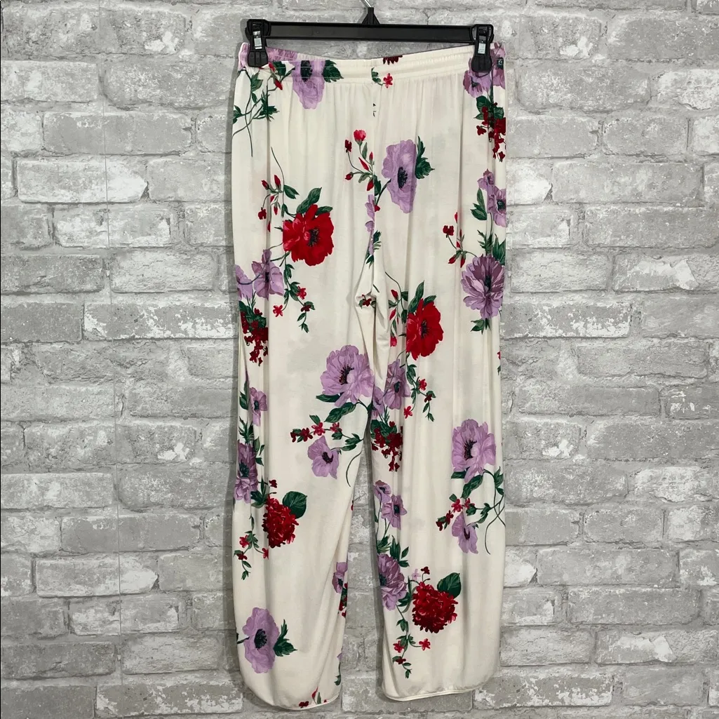 Soma Floral Wide Leg Pajama Pants - Cream with Red and Purple - Image 3