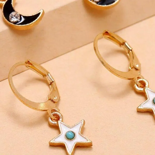 Dainty Moon Star Round Hoop Drop Earrings 2pairs Gold - Image 3