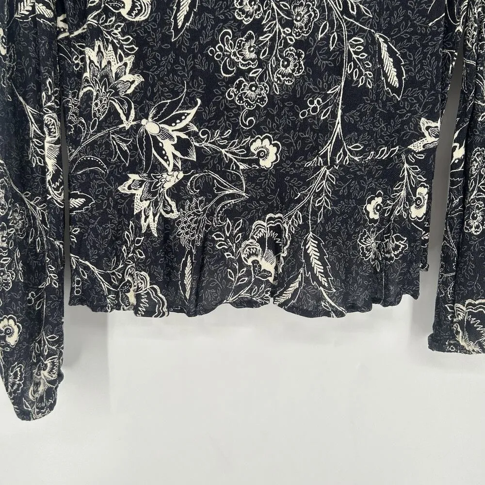 BOG Band Of Gypsies Boho Floral Y2K Top Black White Long Sleeve Lace Siz… - Image 8