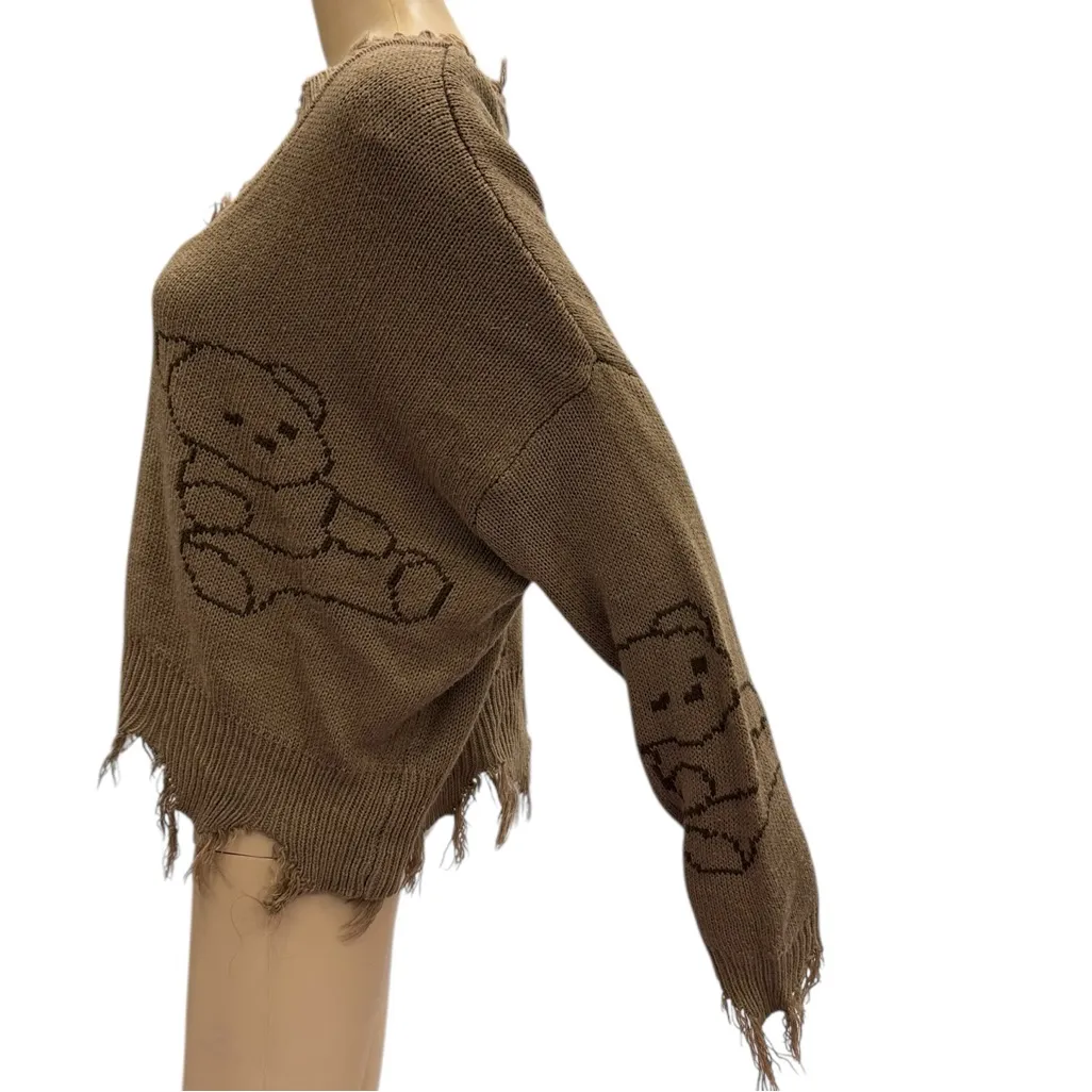 Just Polly Y2K Grunge Distressed Teddy Bear Sweater Brown Knit Womens Large - Image 9
