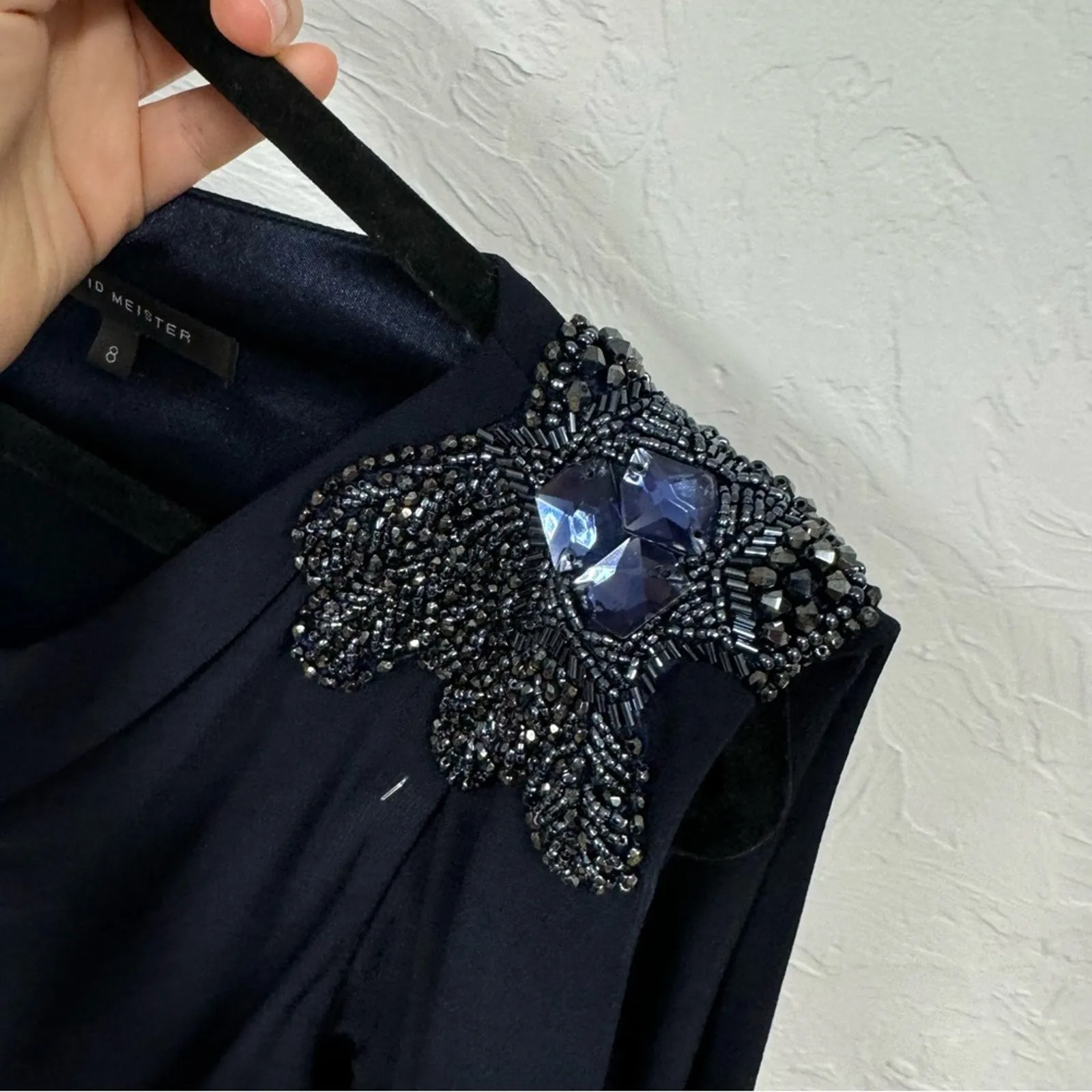 David Meister Navy Blue Formal Dress Womens 8 Knee Length Sequined Shoulder - Image 9