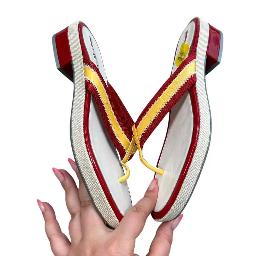 Prada Women’s 8 Chunk Heel Flip Flip Sandal Red Yellow Stripe Coastal Preppy NWT - Image 5