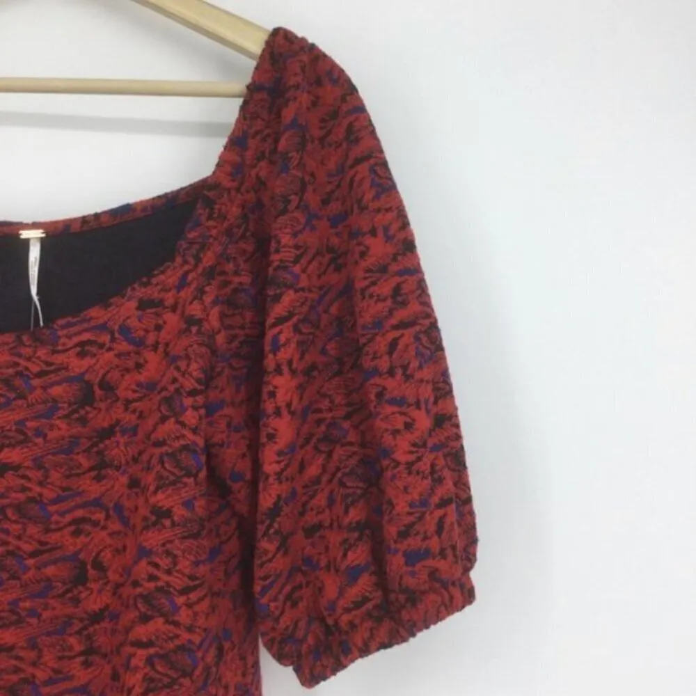 Free People Sunset Mini Dress L NWT Red Multi Print Puff Sleeve Bodycon Stretch - Image 4