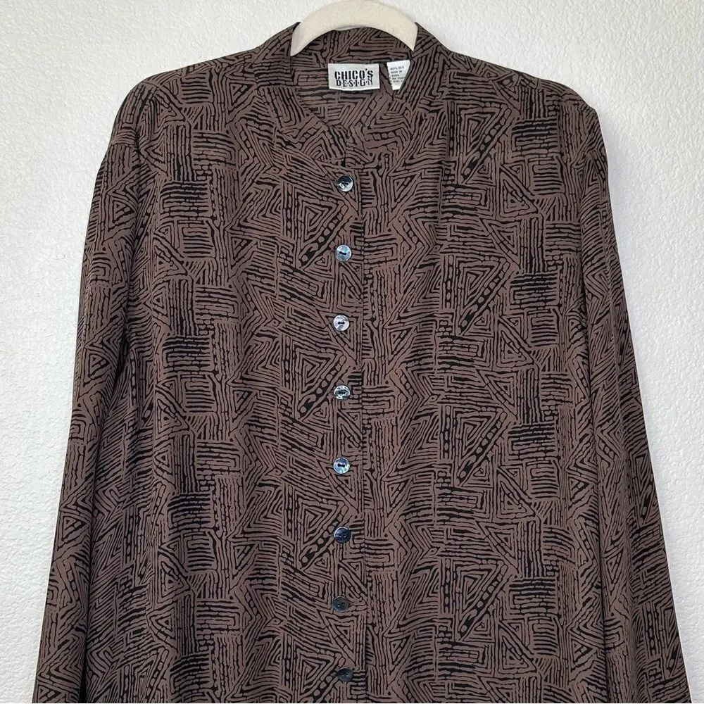 Chico’s Design 100% Silk Tribal Print Button Front Long Sleeves Shirt - Image 3