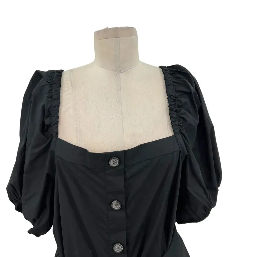 J. Crew Cottage Dress in Black Square Neck‎ Puff Sleeve Button Front Size XL - Image 4