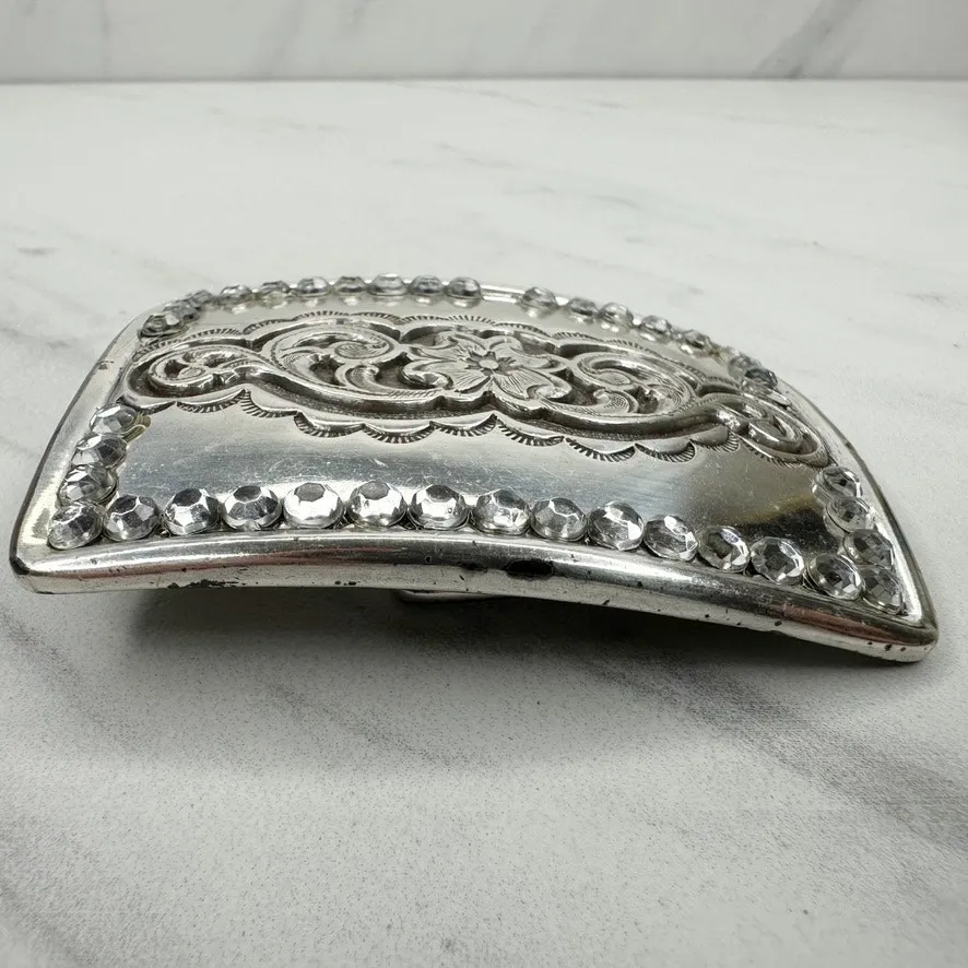 Vintage 1995 Western Rhinestone Belt Buckle Flower Scroll Silver ✨ - Image 8