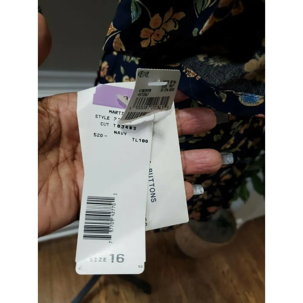 Saville Women's Navy Floral Pattern 100% Rayon Button Up Collard Shirt Size 16 - Image 8