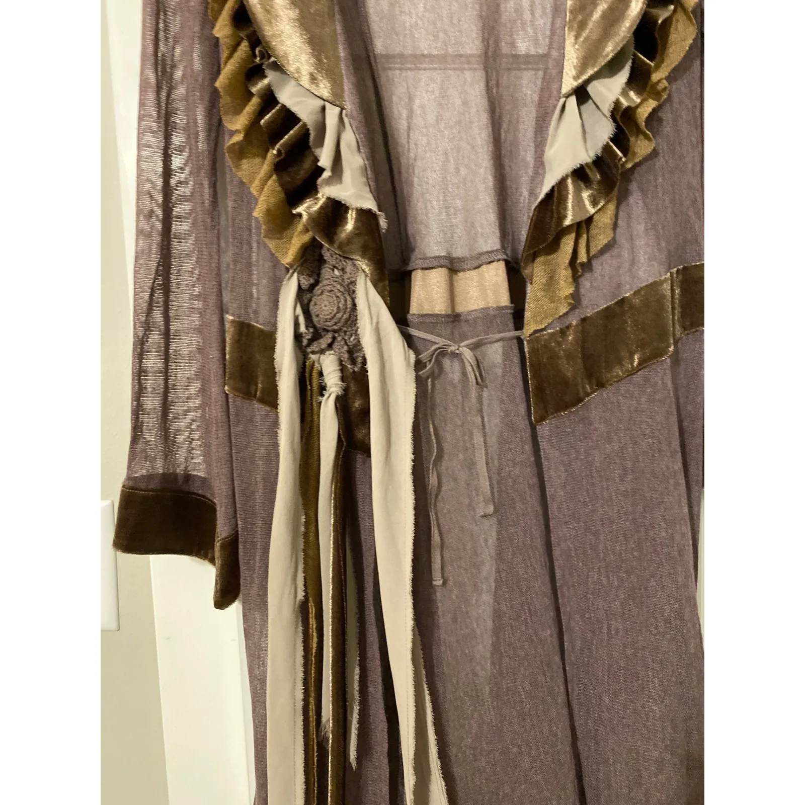 Velvet Ruffle Sheer Brown Duster Kimono Robe Medium Ethereal Bohemian Dark Femme - Image 10