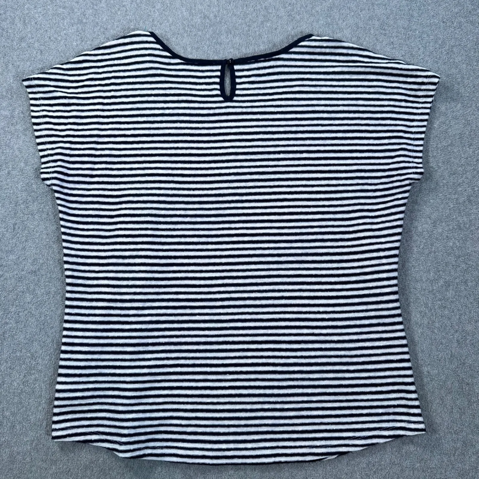 Talbots Striped Sequin Linen Blend Top Women's Large Navy Blue Cap Sleeve - Image 9