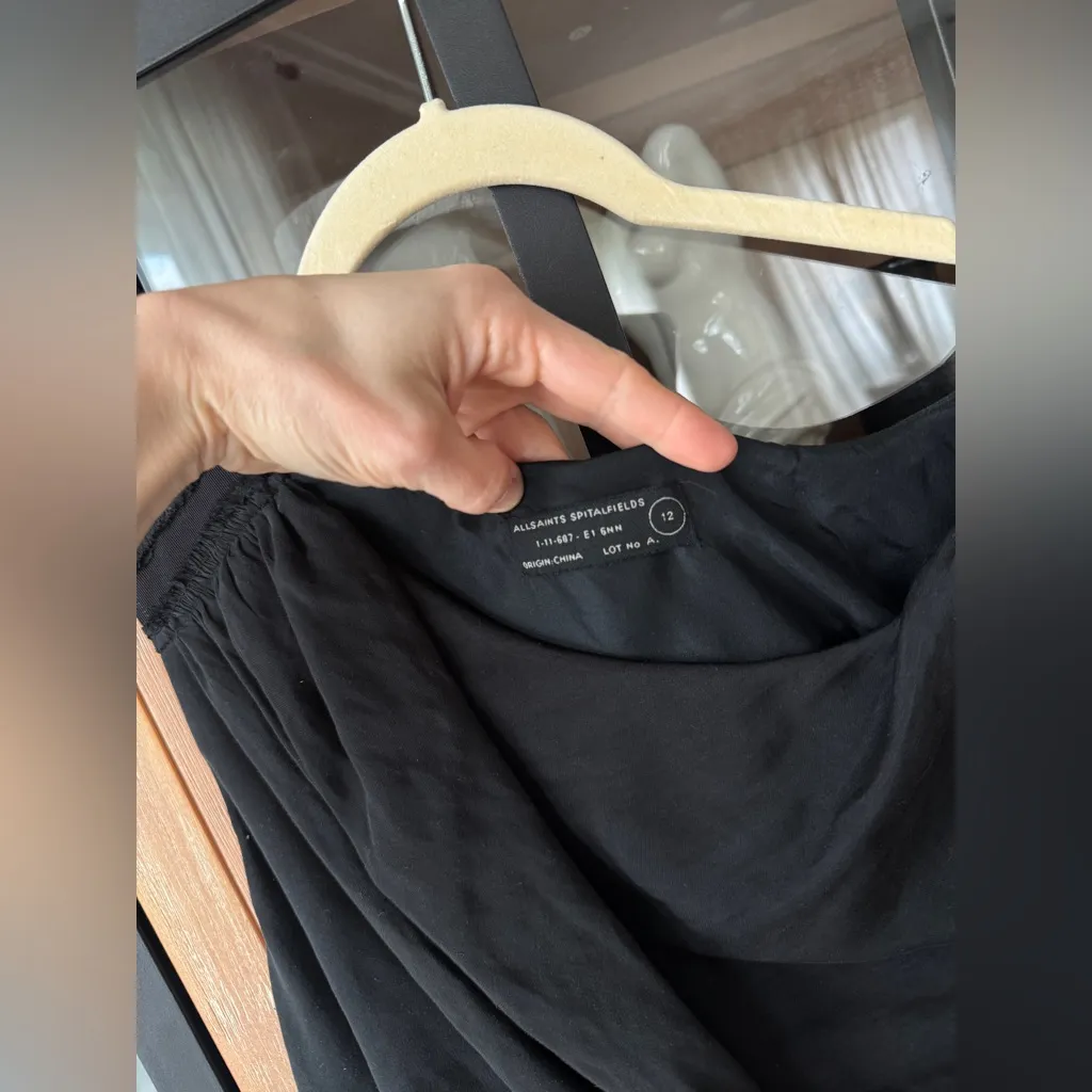 All Saints asymmetrical midi dress ruched cowl neck black tie maxi layla satin - Image 2