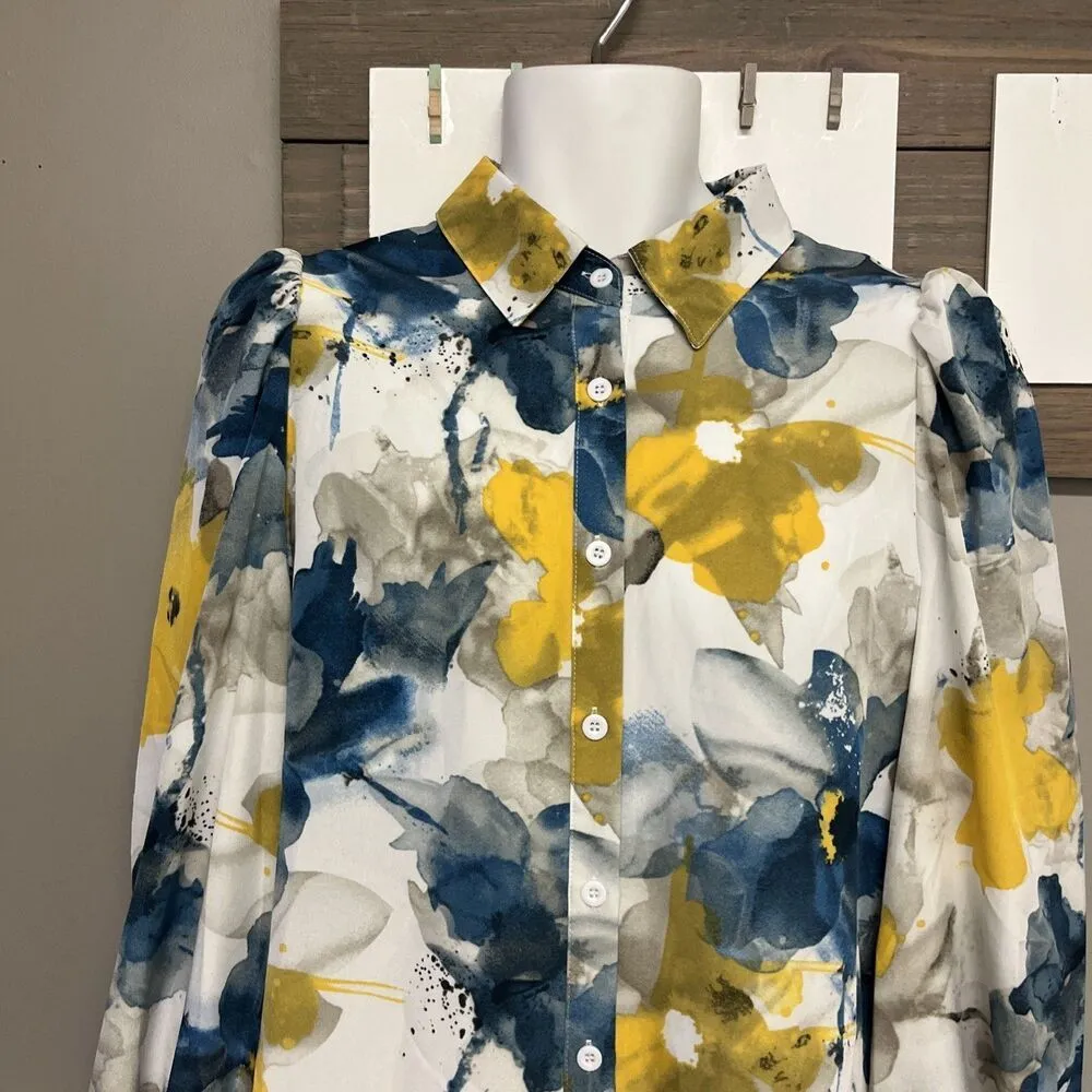 SHEIN Vibrant Floral Collared Button Down Blouse Elastic Wrist Puff Shoulder Lrg - Image 2