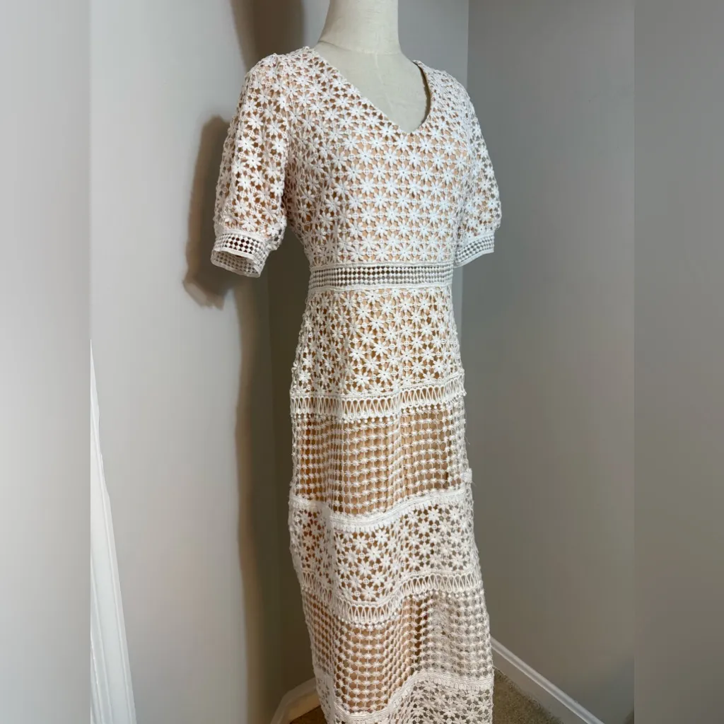 Lulus Dance With Joy White Lace Puff Sleeve Midi Dress / lace dress sz medium - Image 4