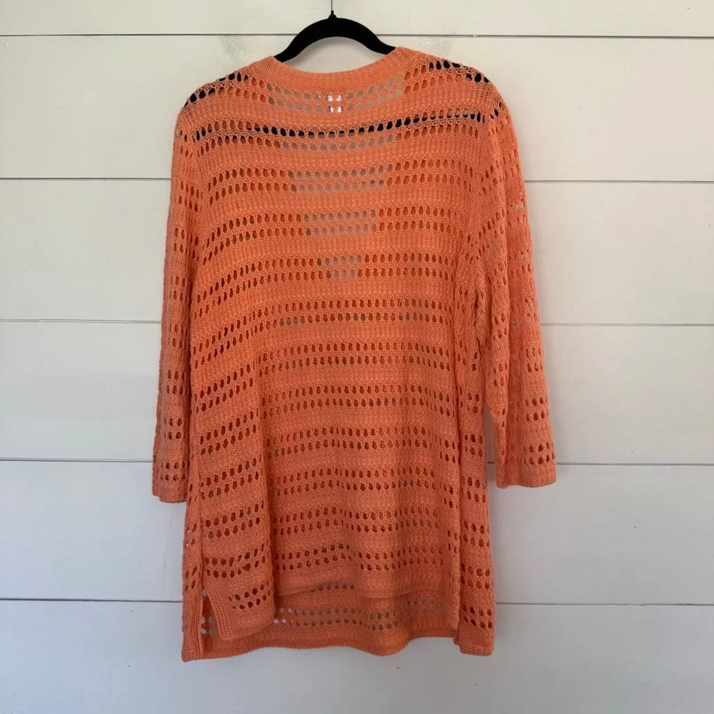 Chico’s Women’s 3 Orange Coral Open Knit Sweater Pullover Hooded - Image 3