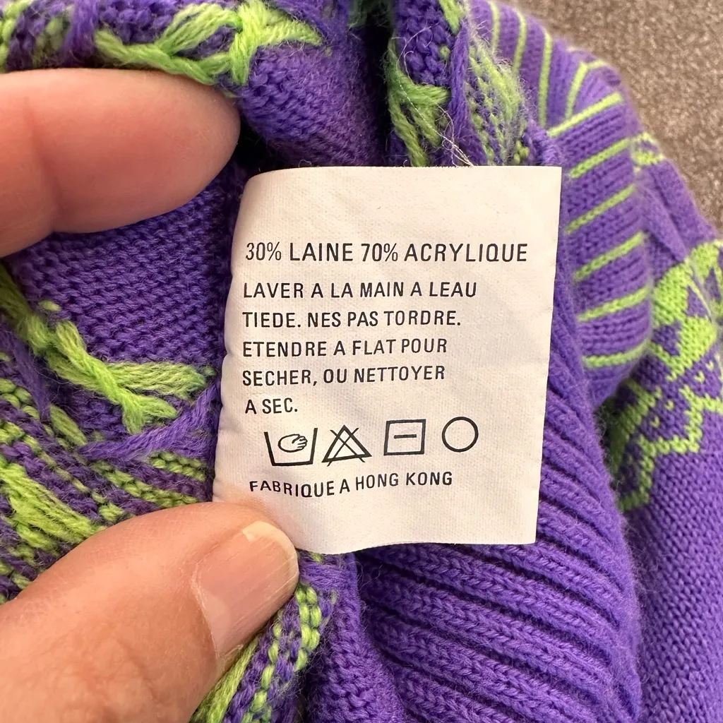 Vintage 80’s Kazlin Ski Wool Blend Turtleneck Ski Sweater Purple and Green Size L - Image 5