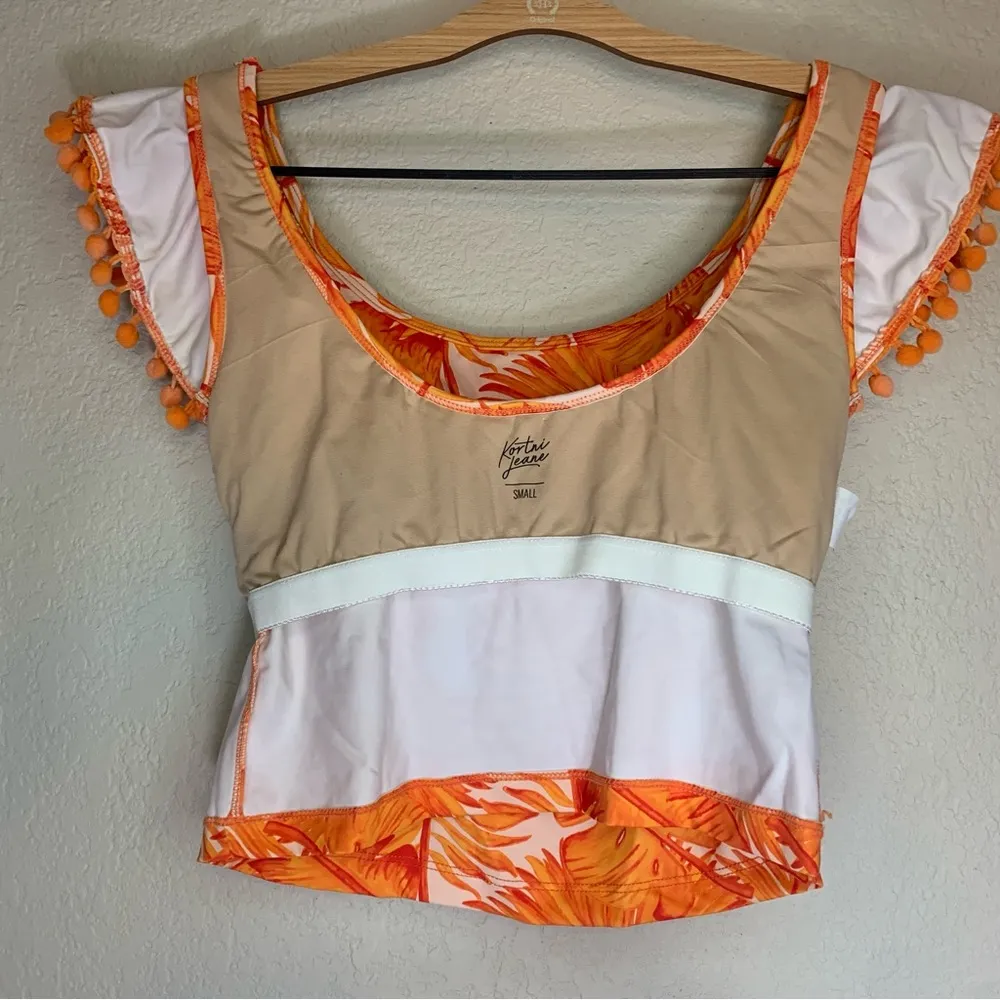 Kortni Jeane Flounce Top Ruffle Orange Palm Print Swim Top Size Small - Image 4