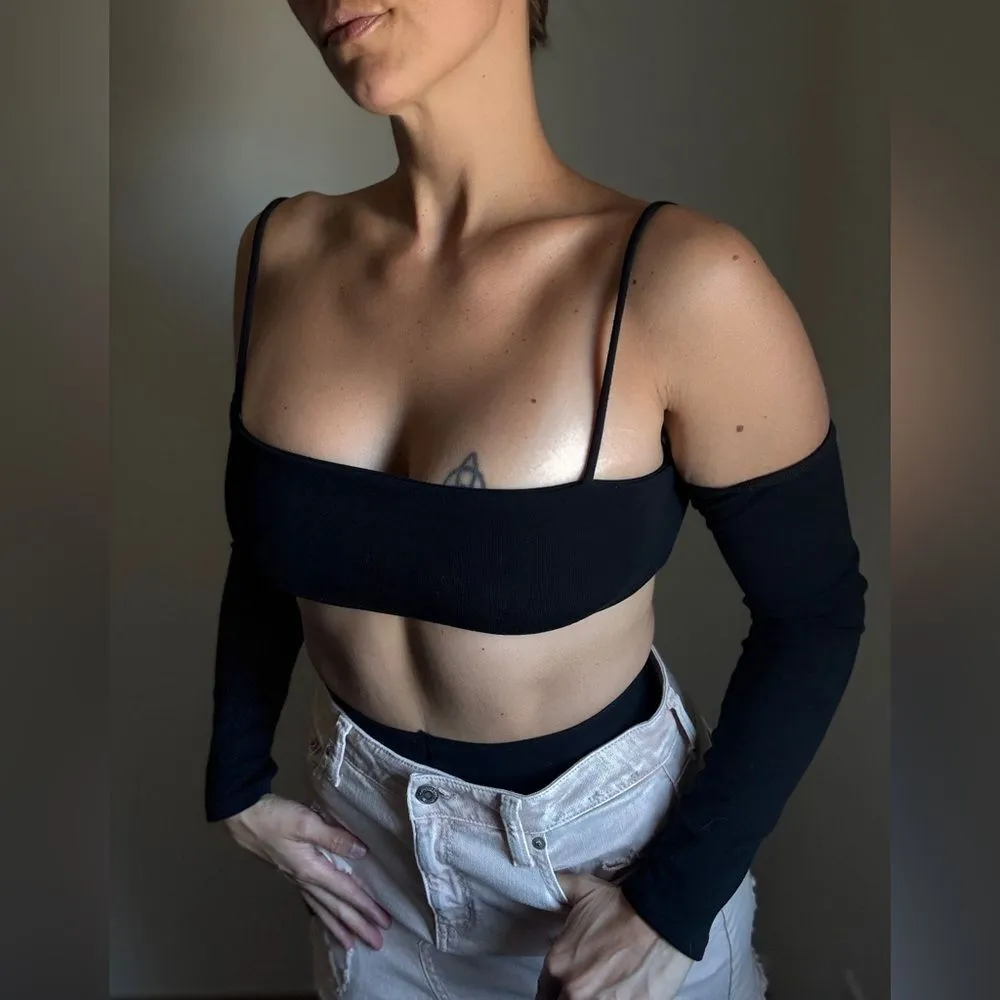 Forever 21 Crop Top NEW Black Long Sleeve Large Stretchy - Image 3