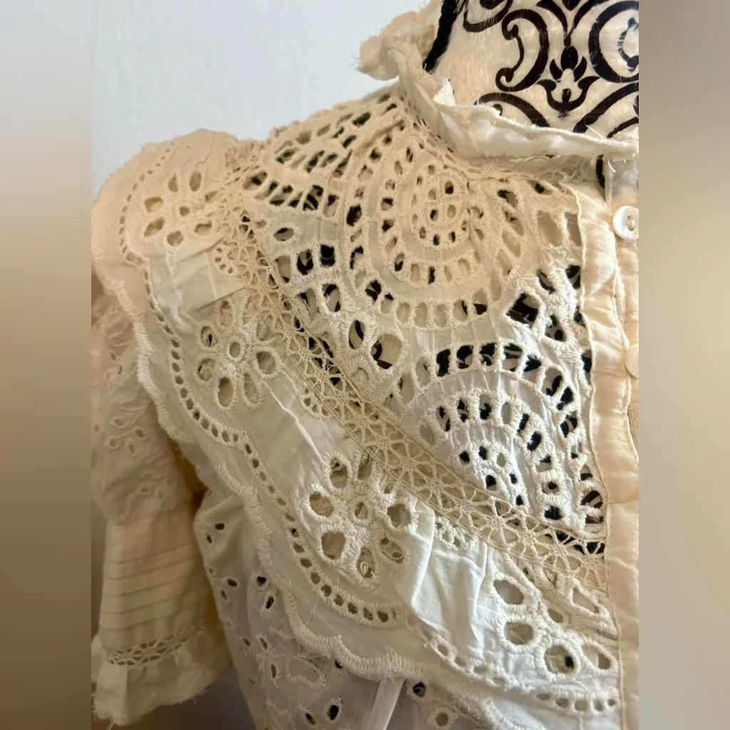 HOUSE OF HARLOW 1960 Ivory Ruffle Trim Puff Sleevees Blouse Size M - Image 8