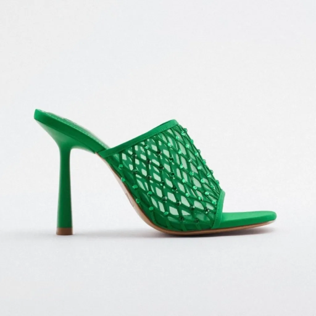 NWT Zara Green Rhinestone Mesh Mule Heels - Image 6