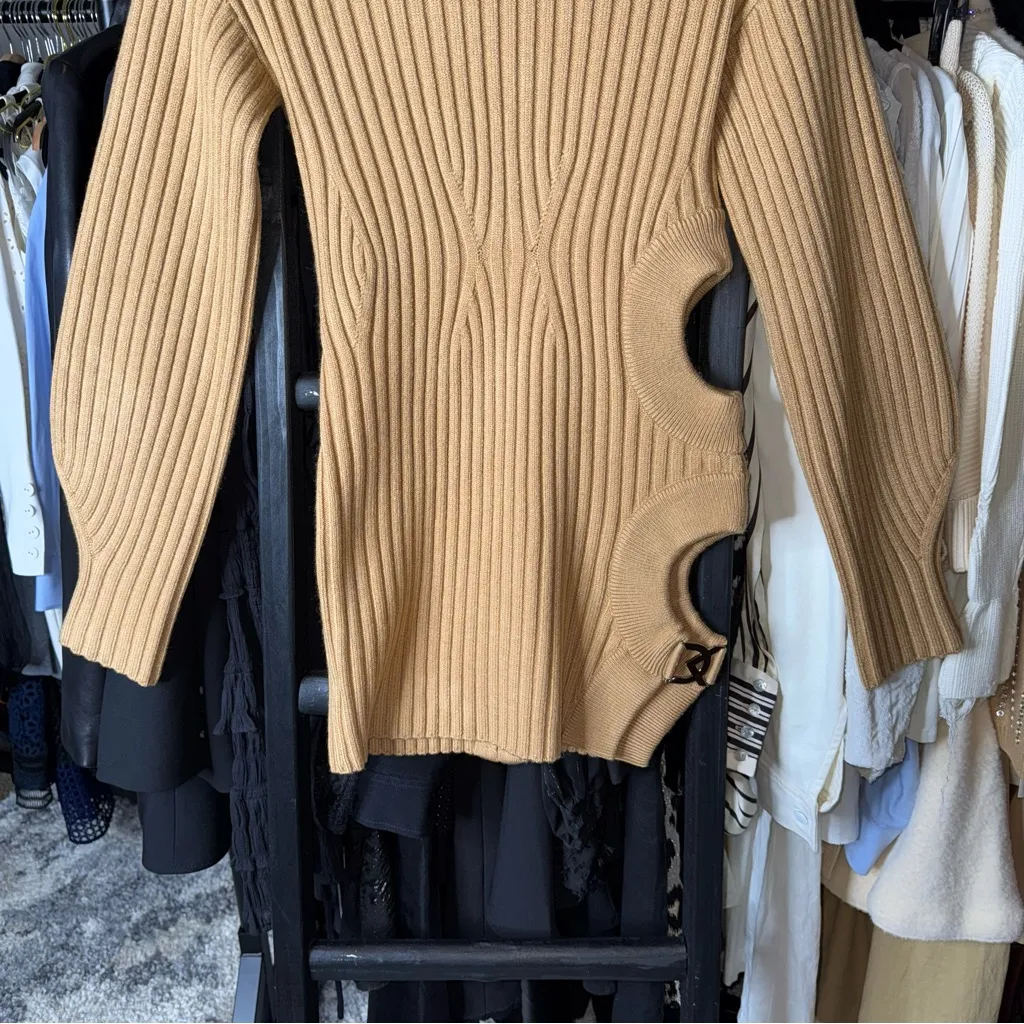 David Koma Camel Side Cutout Ribbed Knit Mini Dress Tan Size M - Image 9