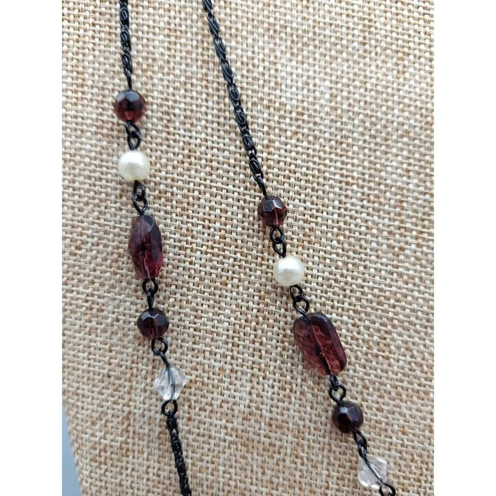 Black Gun Metal Purple Bead Pendant Double Strand Necklace & Earring Set 24" - Image 5