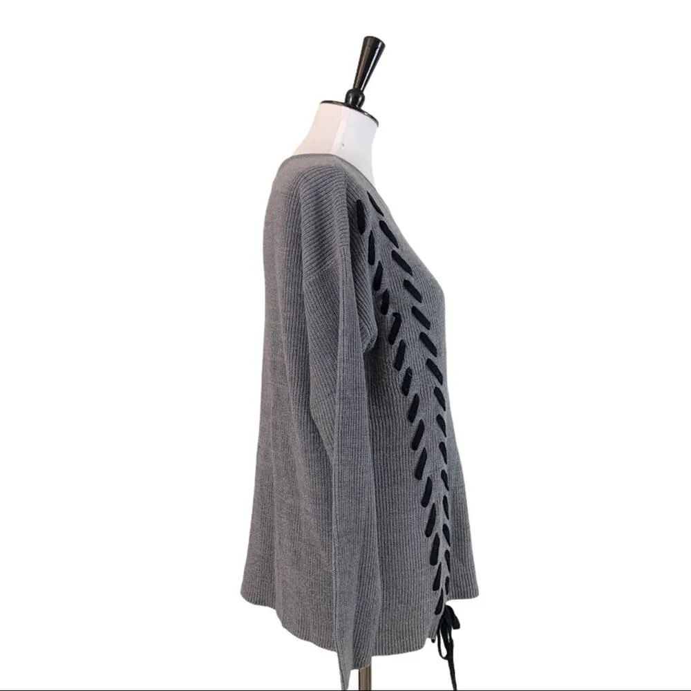 Roz & Ali Gray Black Ribbon Knit Knit Crew Neck Sweater Women's Size Medium - Image 3