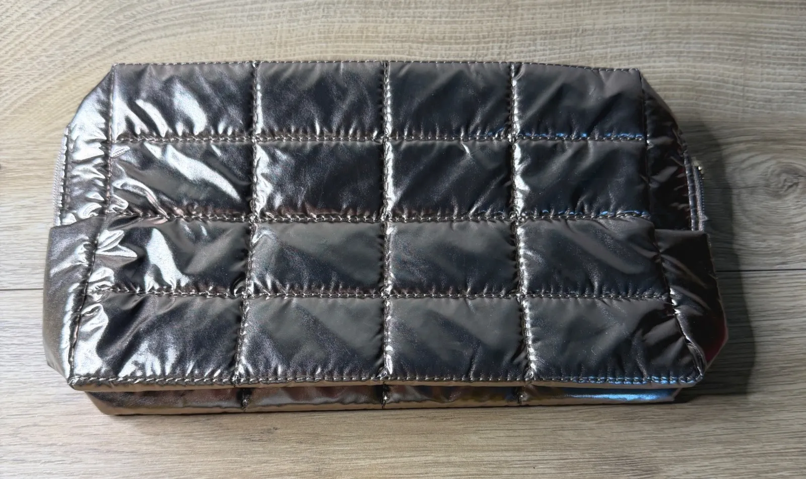 Sephora Metallic Bronze Pewter Quilted Puffer Makeup Bag Travel Case Organizer - Image 1