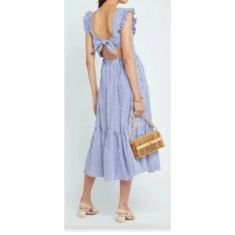 Tuckernuck O.P.T. Blue White Striped Flounce Ruffle Cut-out Stella Maxi Dress S - Image 2